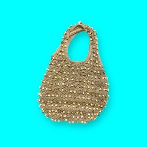 Vintage Crochet With Wooden Beads Shoulder Bag